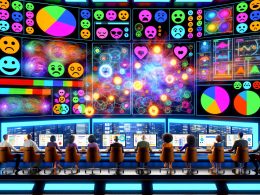 Futuristischer Kontrollraum mit Marketern, die mithilfe von KI und digitalen Dashboards Kundengefühle wie Freude, Wut und Überraschung anhand von Social-Media-Kommentaren analysieren.