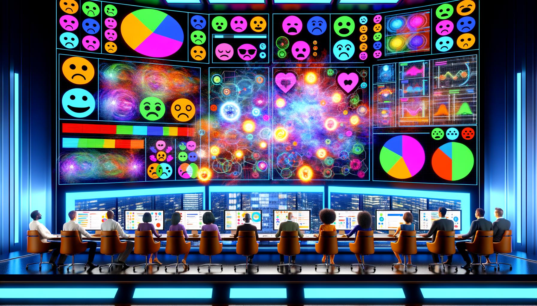 Futuristischer Kontrollraum mit Marketern, die mithilfe von KI und digitalen Dashboards Kundengefühle wie Freude, Wut und Überraschung anhand von Social-Media-Kommentaren analysieren.