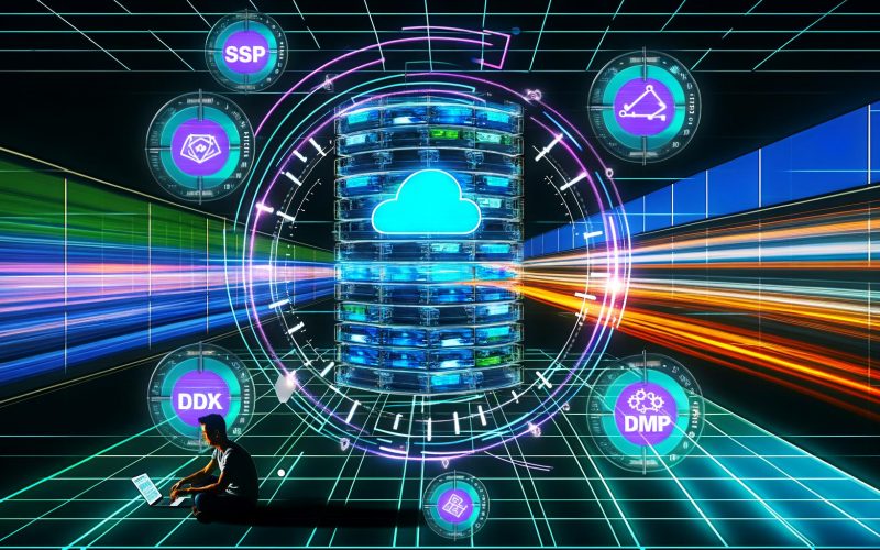 Abstrakte Darstellung eines technologischen Server-Ökosystems mit Ad Exchange, SSP, DSP und DMP, verbunden durch leuchtende Datenströme, ein Tablet-Nutzer im Hintergrund und Live-Werbebanner.