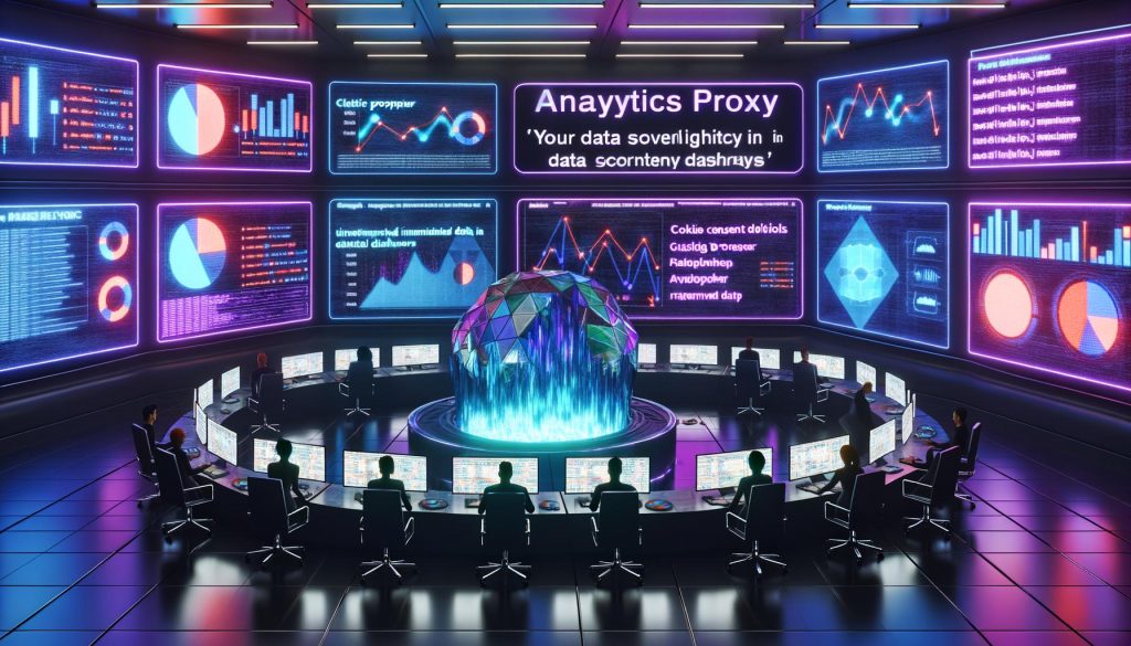 Marketer und Data Engineers in einem modernen Kontrollraum analysieren intakte Daten auf holografischen Dashboards, während Adblocker und Cookie-Popups alte Daten stören.