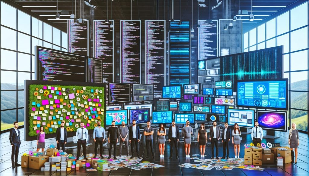 Büroszene mit Agenturteam, das zwischen bunter Kreativecke und High-Tech-Marketingbereich im digitalen Dschungel arbeitet.