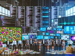 Büroszene mit Agenturteam, das zwischen bunter Kreativecke und High-Tech-Marketingbereich im digitalen Dschungel arbeitet.