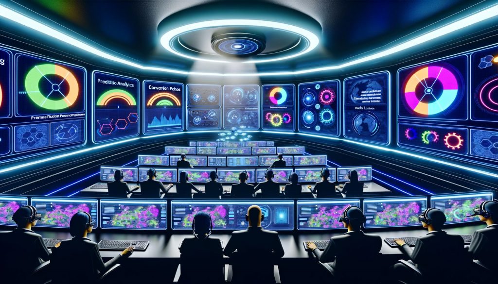 Moderne Marketing-Kontrollraum mit Monitoren, dynamischen Datenvisualisierungen, Experten mit Headsets und großen Displays mit AI-bezogenen Begriffen in Neonbeleuchtung.