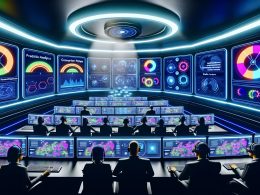 Moderne Marketing-Kontrollraum mit Monitoren, dynamischen Datenvisualisierungen, Experten mit Headsets und großen Displays mit AI-bezogenen Begriffen in Neonbeleuchtung.