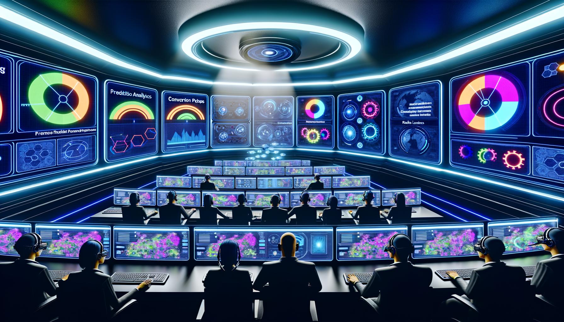 Moderne Marketing-Kontrollraum mit Monitoren, dynamischen Datenvisualisierungen, Experten mit Headsets und großen Displays mit AI-bezogenen Begriffen in Neonbeleuchtung.