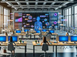 Futuristisches Open-Plan-Marketingbüro mit Menschen und KI-Interfaces, großen Datenbildschirmen und digitalen Whiteboards sowie Roboterarmen, die Dokumente übergeben.