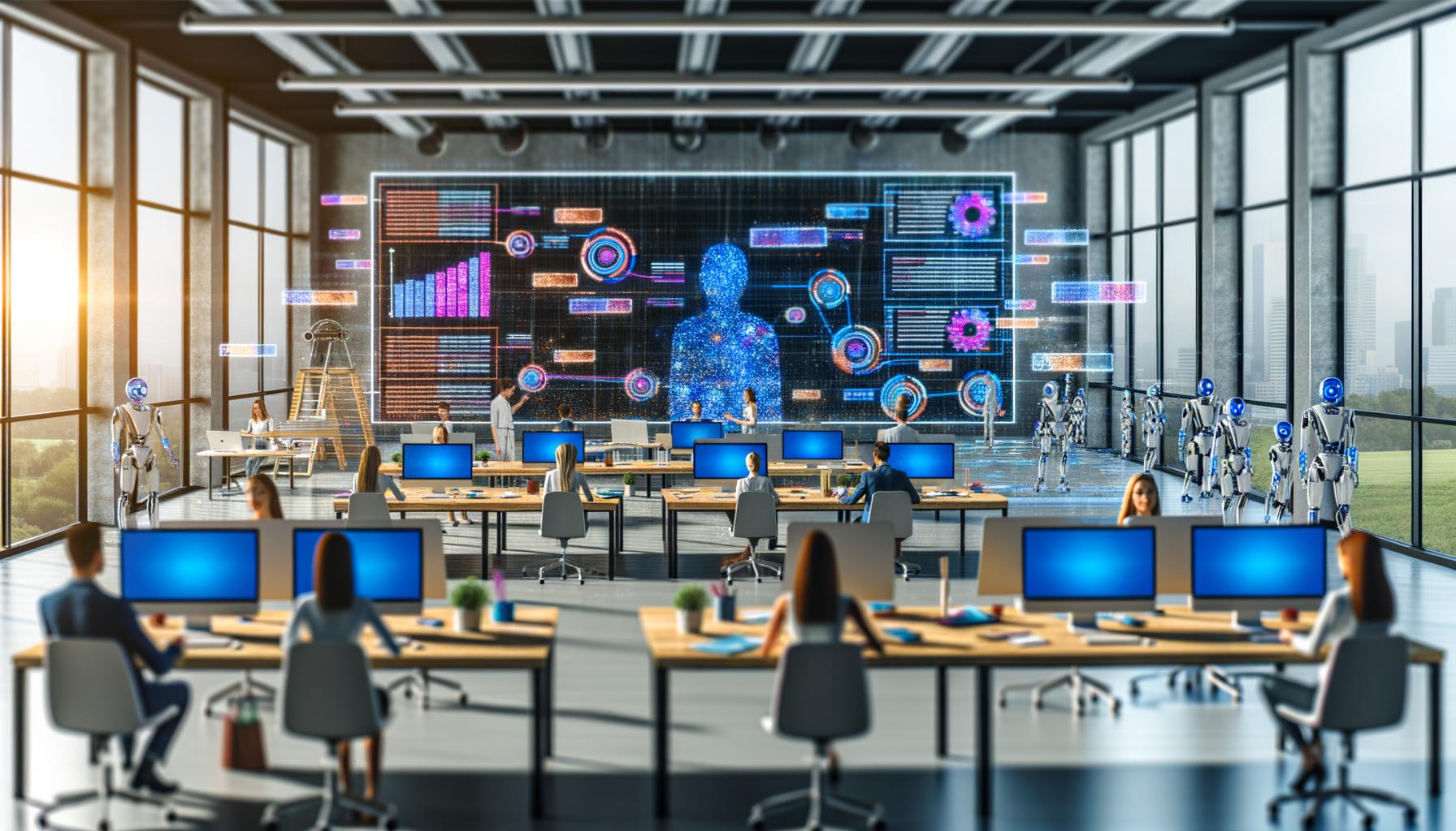 Futuristisches Open-Plan-Marketingbüro mit Menschen und KI-Interfaces, großen Datenbildschirmen und digitalen Whiteboards sowie Roboterarmen, die Dokumente übergeben.