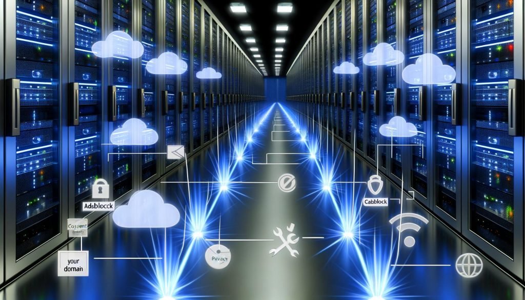 Futuristischer Serverraum mit transparenten Datenströmen, Reverse Proxy für Webanalytics, Datenschutz- und Consent-Symbolen sowie Cloud-Logos von GA4, Matomo und Piwik PRO.