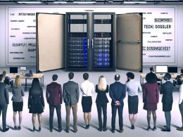 Agenturteam in moderner Büro-Umgebung steht vor transparentem Serverraum und offenem Ordner mit Schriftzug 'Tech Dossier?'; im Hintergrund schwebende Buzzwords auf Präsentationsslides.