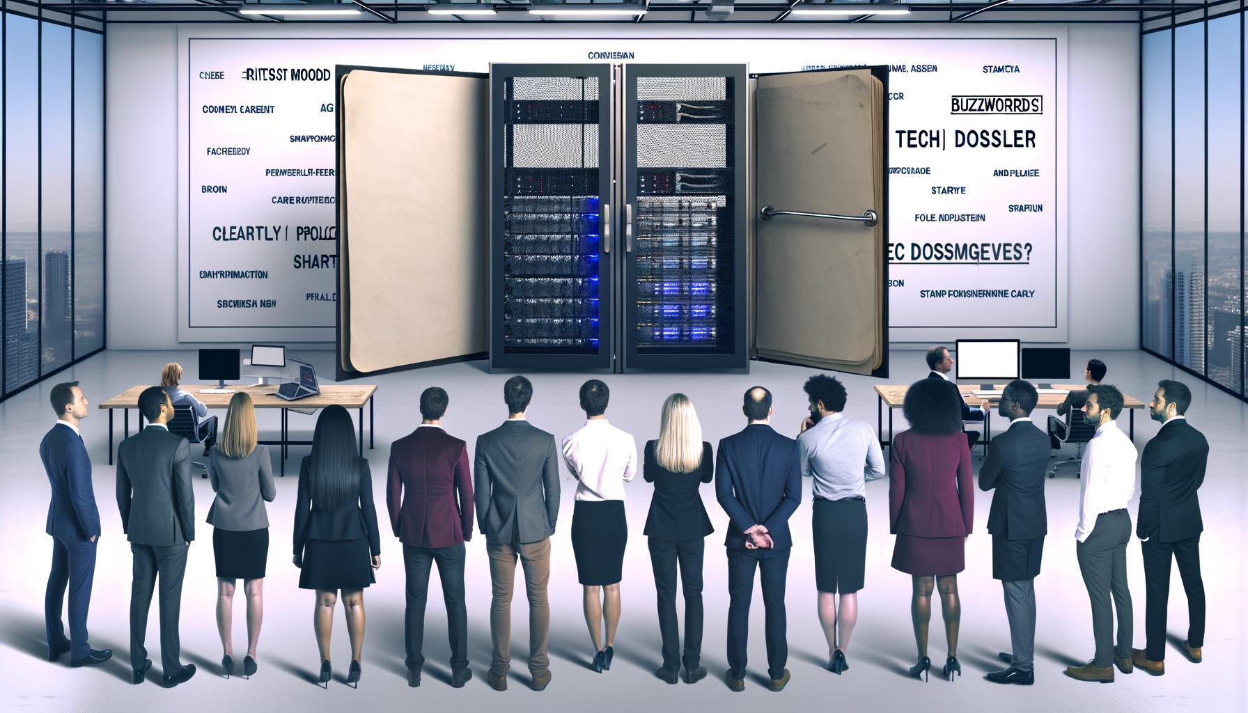Agenturteam in moderner Büro-Umgebung steht vor transparentem Serverraum und offenem Ordner mit Schriftzug 'Tech Dossier?'; im Hintergrund schwebende Buzzwords auf Präsentationsslides.