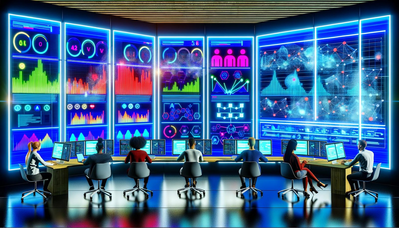 Modernes Kontrollzentrum mit bunten Dashboards, Echtzeit-Datenströmen, Marketer:innen und Data Scientists an Laptops sowie 3D-KI-Algorithmen in leuchtenden Neonfarben.