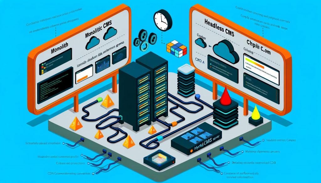 Isometrische Darstellung einer CMS-Steuerzentrale: Links ein veralteter Monolith-Server mit verkabeltem Datenstau, in der Mitte eine Headless CMS-Cloud mit effizienten API-Verbindungen, rechts ein Hybrid CMS als Mischung beider Systeme. Netzwerk-, Datenbank- und Sicherheits-Symbole unterstreichen Skalierbarkeit und Performance.
