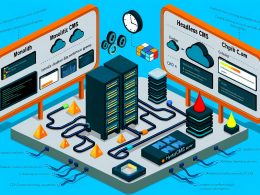 Isometrische Darstellung einer CMS-Steuerzentrale: Links ein veralteter Monolith-Server mit verkabeltem Datenstau, in der Mitte eine Headless CMS-Cloud mit effizienten API-Verbindungen, rechts ein Hybrid CMS als Mischung beider Systeme. Netzwerk-, Datenbank- und Sicherheits-Symbole unterstreichen Skalierbarkeit und Performance.