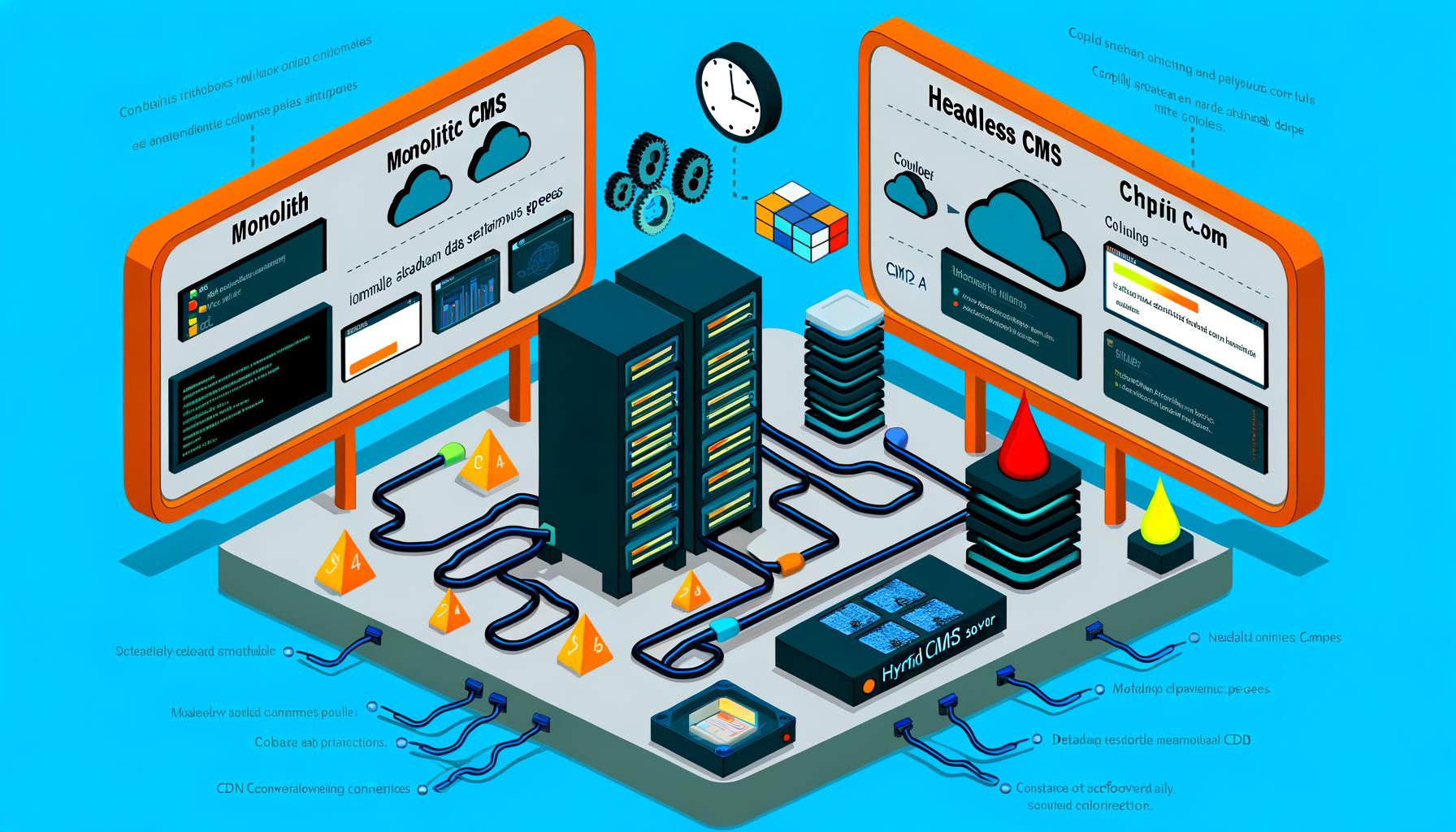 Isometrische Darstellung einer CMS-Steuerzentrale: Links ein veralteter Monolith-Server mit verkabeltem Datenstau, in der Mitte eine Headless CMS-Cloud mit effizienten API-Verbindungen, rechts ein Hybrid CMS als Mischung beider Systeme. Netzwerk-, Datenbank- und Sicherheits-Symbole unterstreichen Skalierbarkeit und Performance.