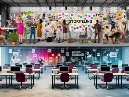 Modernes Großraumbüro mit kreativ gekleideten Mitarbeitern an Moodboards und einer gegenüberliegenden Seite mit leeren, verstaubten Schreibtischen und defekter Technik. Im Hintergrund zeigen Monitore digitale Werbekampagnen mit Datenfehlern.