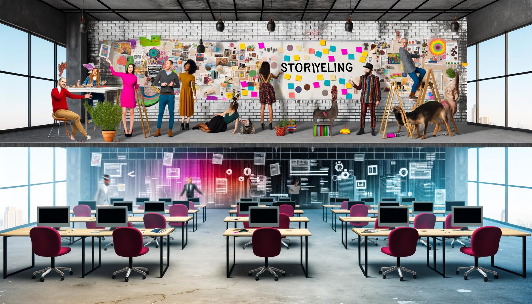 Modernes Großraumbüro mit kreativ gekleideten Mitarbeitern an Moodboards und einer gegenüberliegenden Seite mit leeren, verstaubten Schreibtischen und defekter Technik. Im Hintergrund zeigen Monitore digitale Werbekampagnen mit Datenfehlern.