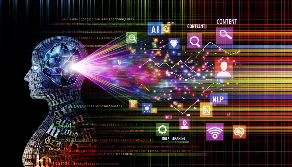 Stilisiertes Titelbild eines Tech-Magazins mit transparenter menschlicher Silhouette, Lichtstrahlprojektionen zu KI und Daten, algorithmischen Symbolen und digitalem Matrix-Muster neben klassischen Schreibwerkzeugen.