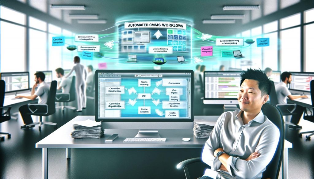 Digital Marketer betrachtet zufrieden mehrere Monitore mit automatisierten CMS-Workflows, während gestresste Kollegen im Hintergrund mit Papier und Excel kämpfen.