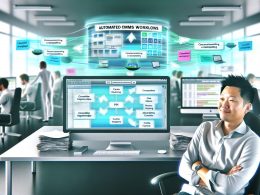 Digital Marketer betrachtet zufrieden mehrere Monitore mit automatisierten CMS-Workflows, während gestresste Kollegen im Hintergrund mit Papier und Excel kämpfen.