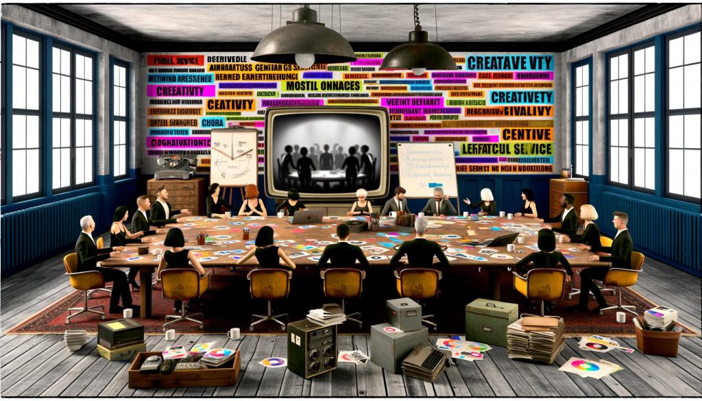 Kreatives Werbeagentur-Büro mit Retro-Einrichtung, brainstormenden Marketern, vielen Printouts und alten Computern, während unzufriedene Kunden auf einem Monitor zu sehen sind.