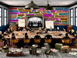 Kreatives Werbeagentur-Büro mit Retro-Einrichtung, brainstormenden Marketern, vielen Printouts und alten Computern, während unzufriedene Kunden auf einem Monitor zu sehen sind.