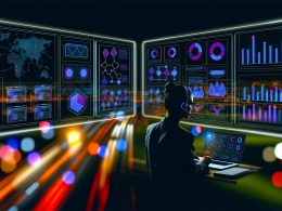 Dynamischer Online-Marketing-Workspace mit mehreren großen Bildschirmen, auf denen bunte analytische Dashboards und Datenvisualisierungen zu sehen sind. Ein Profi mit Headset wertet die Daten in nächtlicher, städtischer Atmosphäre aus.