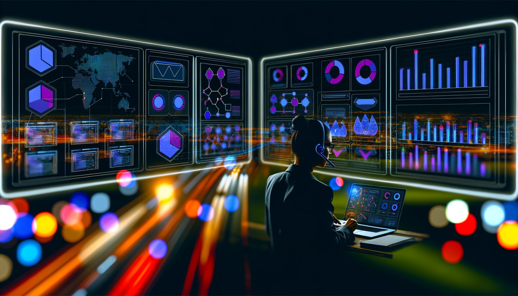 Dynamischer Online-Marketing-Workspace mit mehreren großen Bildschirmen, auf denen bunte analytische Dashboards und Datenvisualisierungen zu sehen sind. Ein Profi mit Headset wertet die Daten in nächtlicher, städtischer Atmosphäre aus.