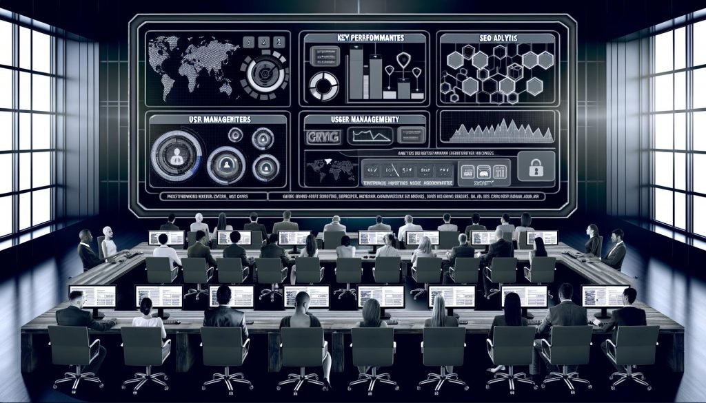 Moderne Kontrollzentrale mit großem CMS Dashboard, auf dem verschiedene Daten und Analysen angezeigt werden, flankiert von konzentriert arbeitenden Mitarbeitern.
