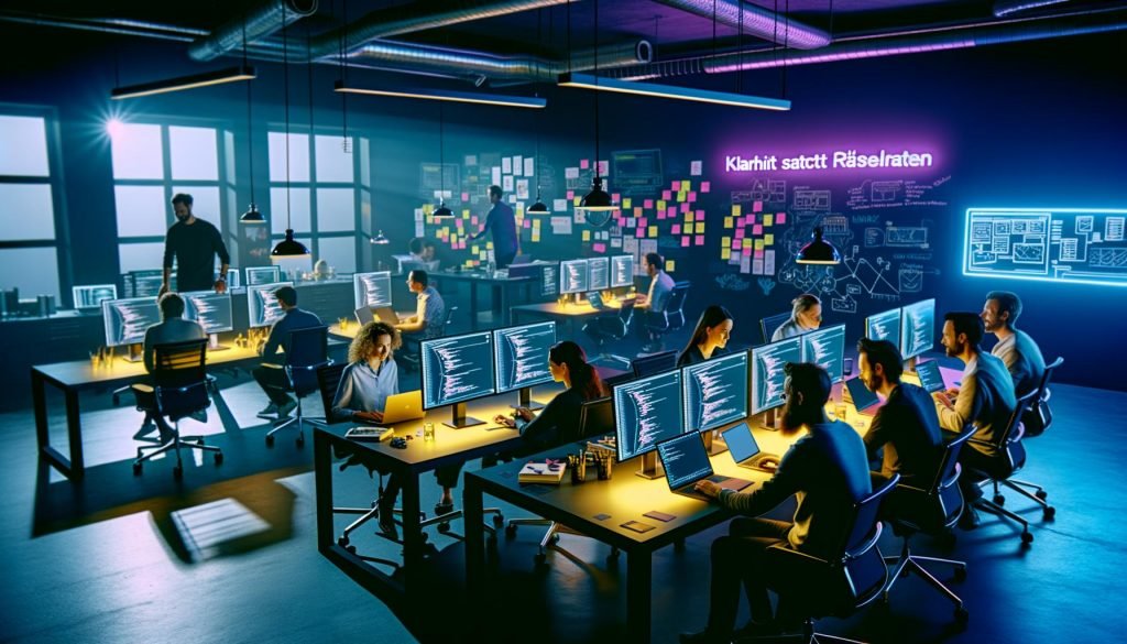 Digitalagentur-Arbeitsplatz mit diversen IT-Profis, die an modernen Schreibtischen an Laptops und großen Monitoren arbeiten, Code und Daten auswerten; im Hintergrund Whiteboards, Notizzettel und Neon-Schriftzug ‚Klarheit statt Rätselraten‘.