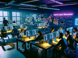 Digitalagentur-Arbeitsplatz mit diversen IT-Profis, die an modernen Schreibtischen an Laptops und großen Monitoren arbeiten, Code und Daten auswerten; im Hintergrund Whiteboards, Notizzettel und Neon-Schriftzug ‚Klarheit statt Rätselraten‘.