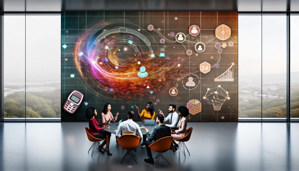 Marketingteam betrachtet einen modernen, KI-gesteuerten Click-Map-Dashboard mit Datenpunkten, Algorithmuspfaden und holographischen Grafiken vor dem Hintergrund eines vergessenen Nokia 3210.