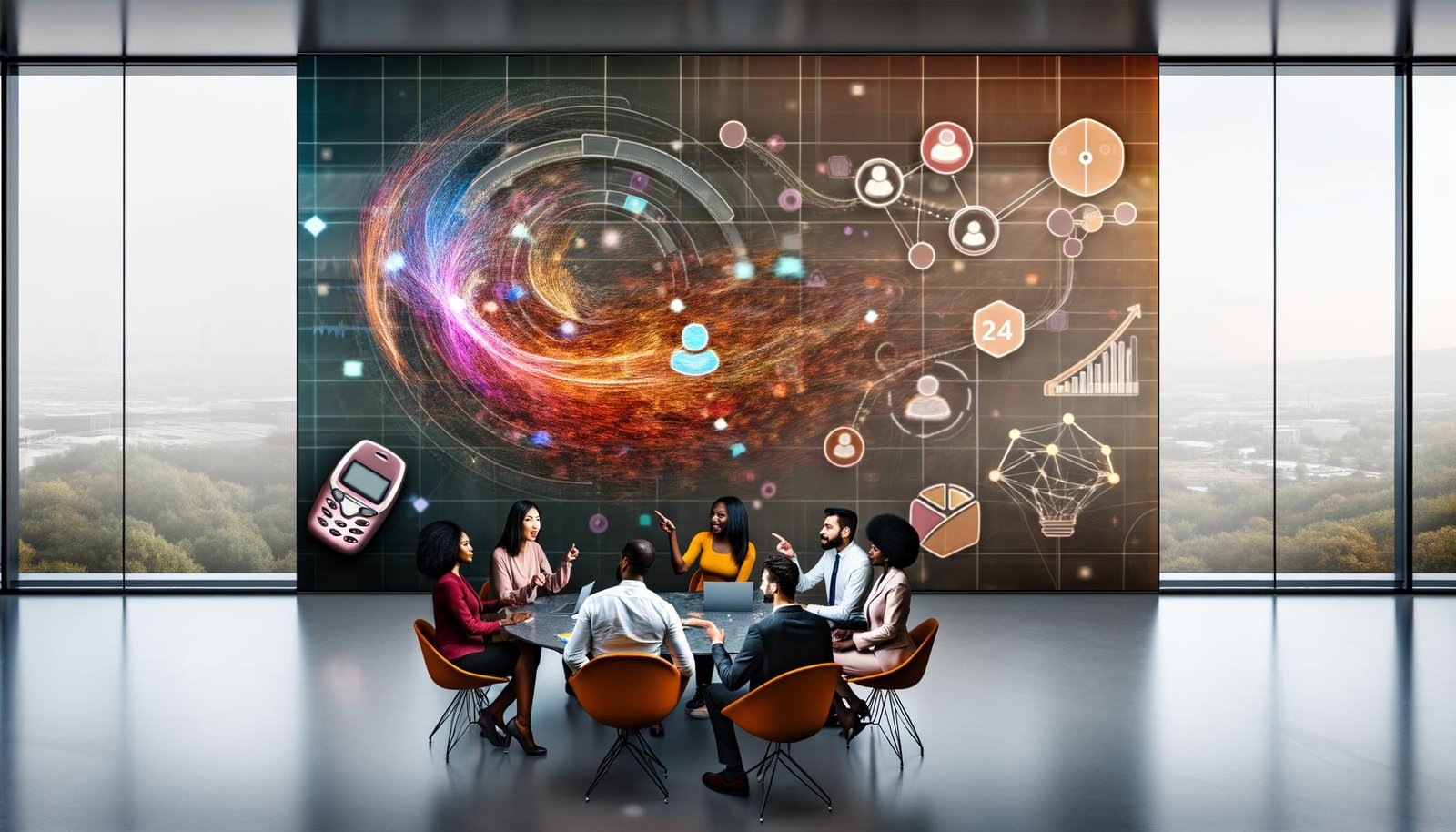 Marketingteam betrachtet einen modernen, KI-gesteuerten Click-Map-Dashboard mit Datenpunkten, Algorithmuspfaden und holographischen Grafiken vor dem Hintergrund eines vergessenen Nokia 3210.