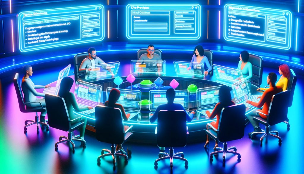 Redakteure arbeiten in einem futuristischen High-Tech-Büro an holografischen CMS-Oberflächen und Dashboard-Anzeigen mit SEO-Tools, Metadaten und Workflow-Automation.