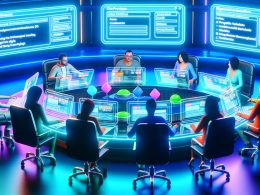 Redakteure arbeiten in einem futuristischen High-Tech-Büro an holografischen CMS-Oberflächen und Dashboard-Anzeigen mit SEO-Tools, Metadaten und Workflow-Automation.