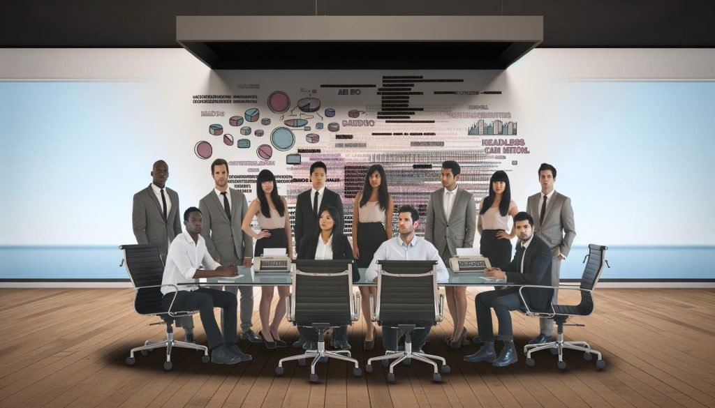 Marketingteam in modernem Büro betrachtet verständnislos komplexe digitale Daten auf Bildschirm mit technischen Begriffen; kreativer und technischer Gegensatz sichtbar.