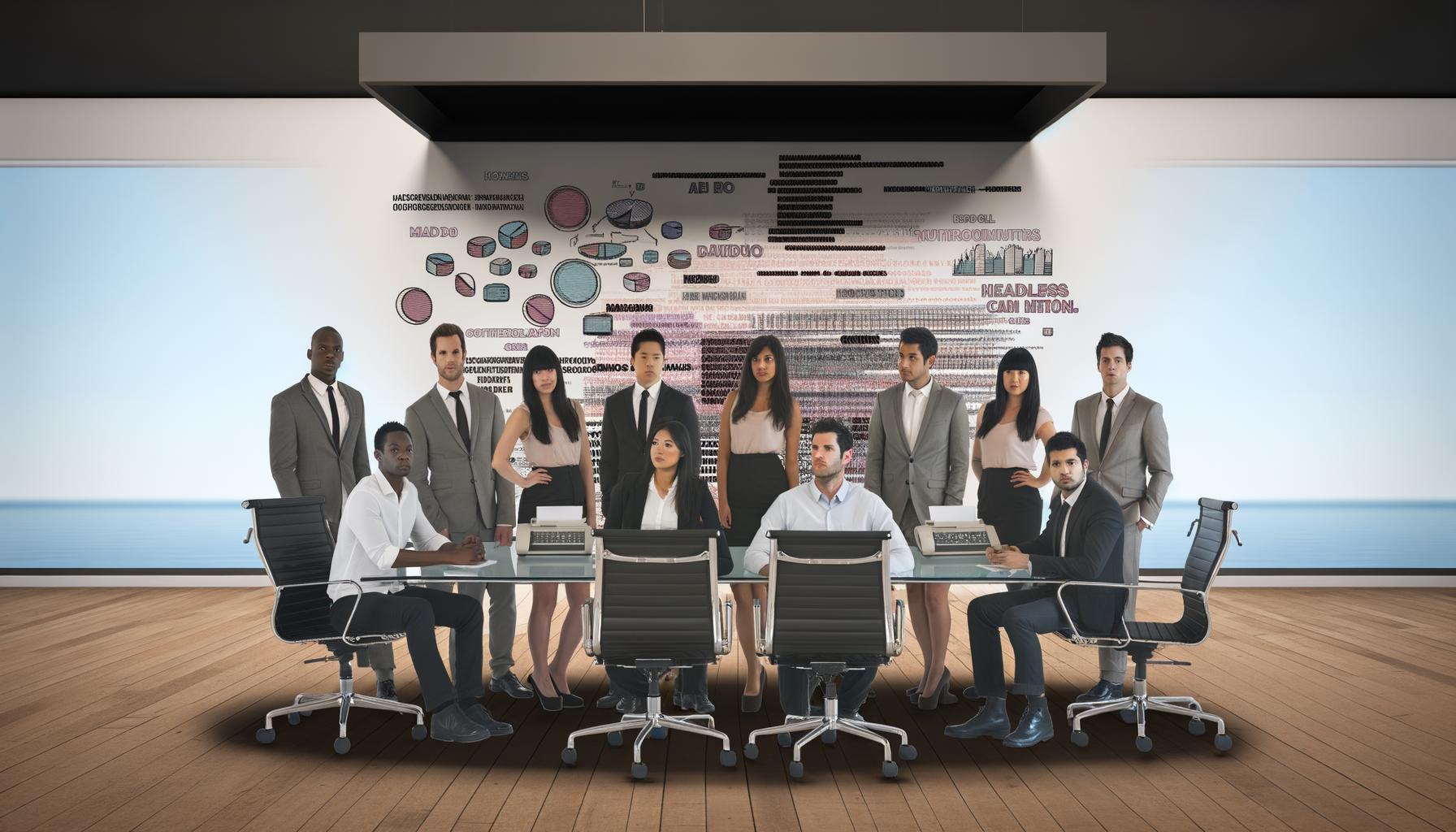 Marketingteam in modernem Büro betrachtet verständnislos komplexe digitale Daten auf Bildschirm mit technischen Begriffen; kreativer und technischer Gegensatz sichtbar.