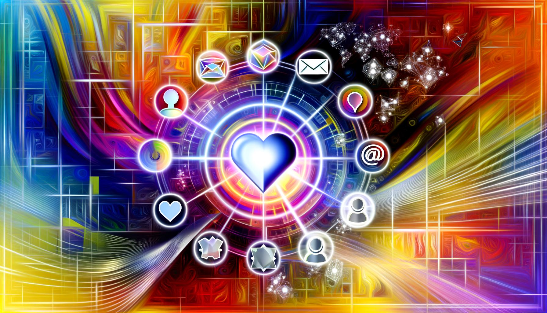 Lebendige Illustration eines strahlenden Daten-Interfaces umgeben von neuronalen Linien, Icons und stilisierten Avataren, die das Zusammenspiel von Künstlicher Intelligenz und Nutzerengagement symbolisieren.