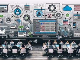 Dynamische Arbeitsumgebung mit Personen an Laptops und großem, transparentem CMS-Dashboard, das verschiedene Content-Arten, Workflows und Analyse-Widgets zeigt. Im Hintergrund digitale Vernetzung zu Smartphones, Tablets und Smart Displays.