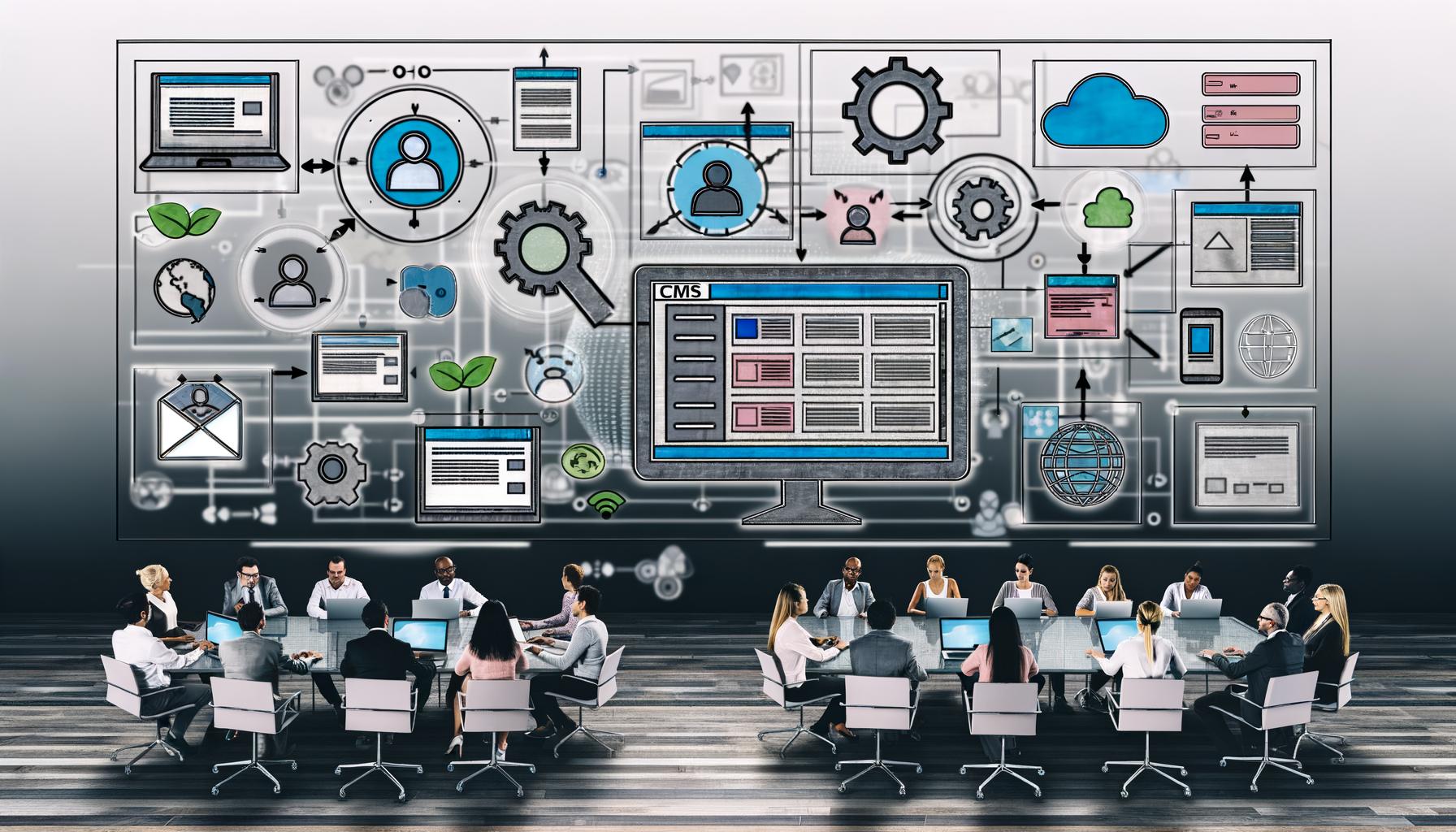 Dynamische Arbeitsumgebung mit Personen an Laptops und großem, transparentem CMS-Dashboard, das verschiedene Content-Arten, Workflows und Analyse-Widgets zeigt. Im Hintergrund digitale Vernetzung zu Smartphones, Tablets und Smart Displays.
