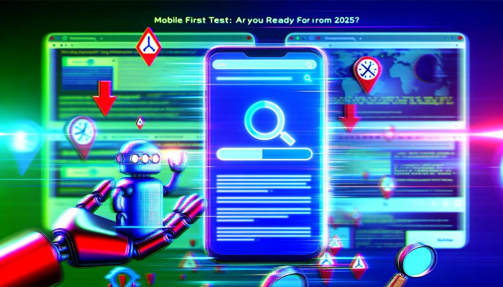 Smartphone mit langsamem Webseiten-Ladebalken und Googlebot scannt kritisch, umgeben von Warnsymbolen, verschwommene Desktop-Monitore im Hintergrund.
