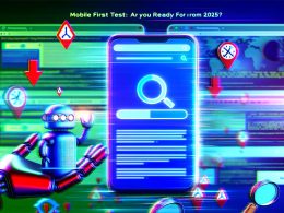 Smartphone mit langsamem Webseiten-Ladebalken und Googlebot scannt kritisch, umgeben von Warnsymbolen, verschwommene Desktop-Monitore im Hintergrund.
