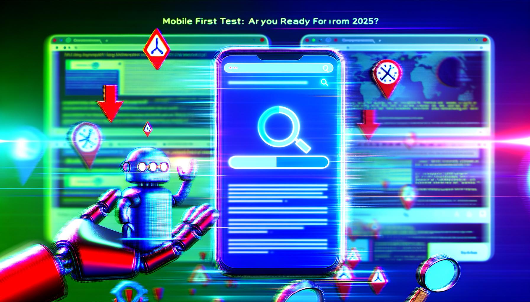Smartphone mit langsamem Webseiten-Ladebalken und Googlebot scannt kritisch, umgeben von Warnsymbolen, verschwommene Desktop-Monitore im Hintergrund.