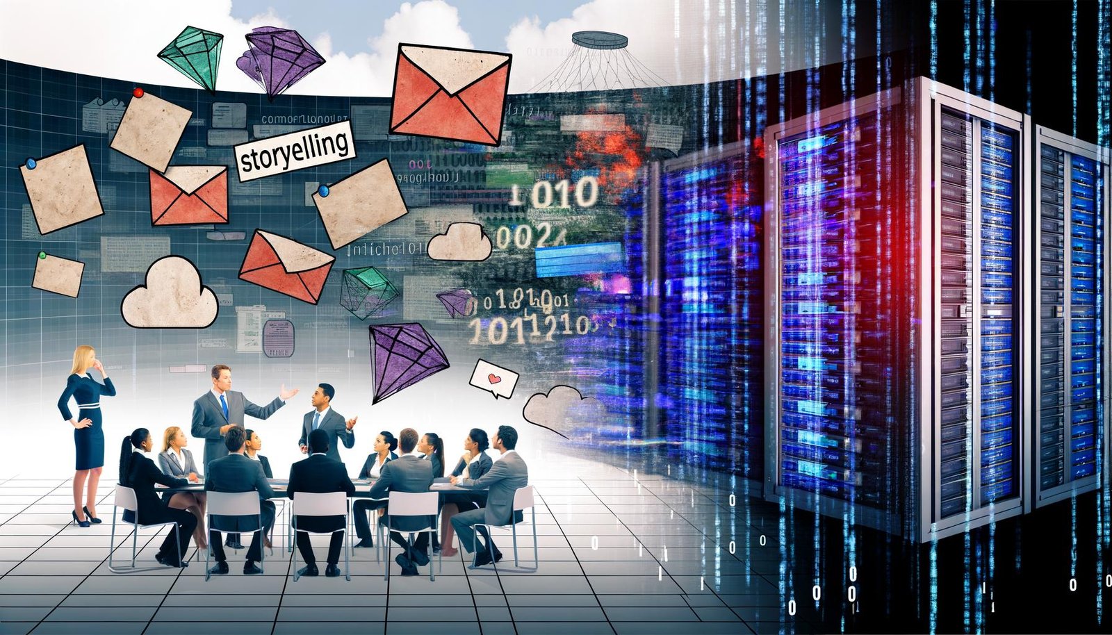 Kontrastreiche Collage mit klassischer Agenturbelegschaft am Flipchart und digitalen Elementen wie Binärcode, modernen Entwicklern, Servern und Code-Diagrammen.