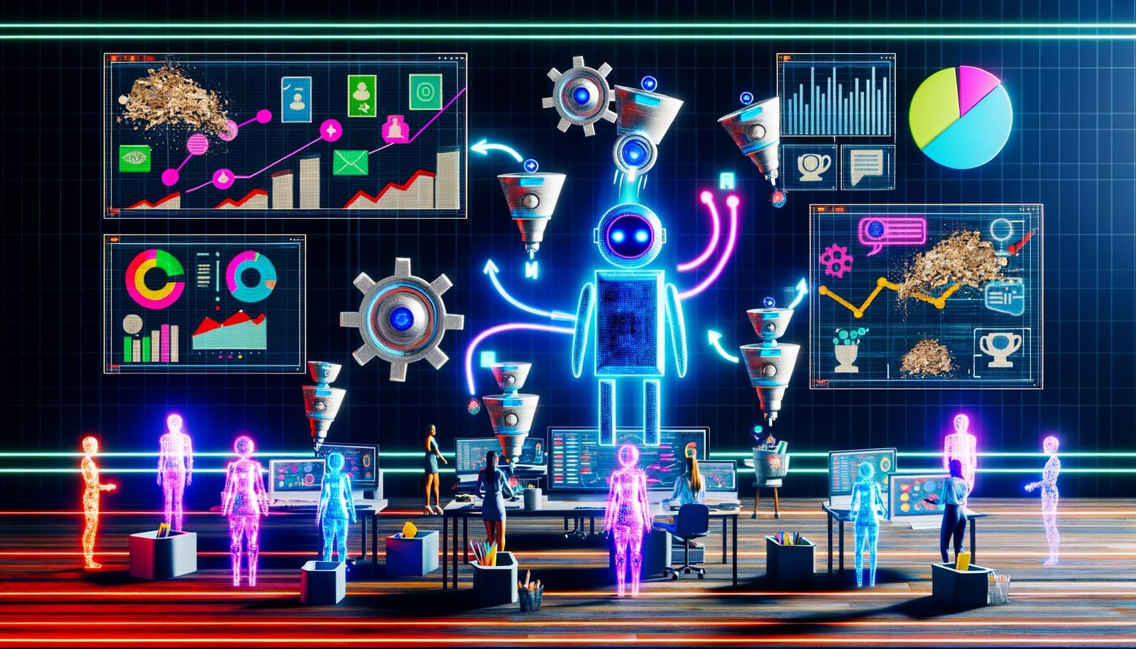 Moderne Illustration eines Marketing-Teams, das von leuchtenden, autonomen KI-Agenten und digitalen Dashboards in einem energiegeladenen Büro mit Neonfarben und zerfallenden traditionellen Tools umgeben ist.