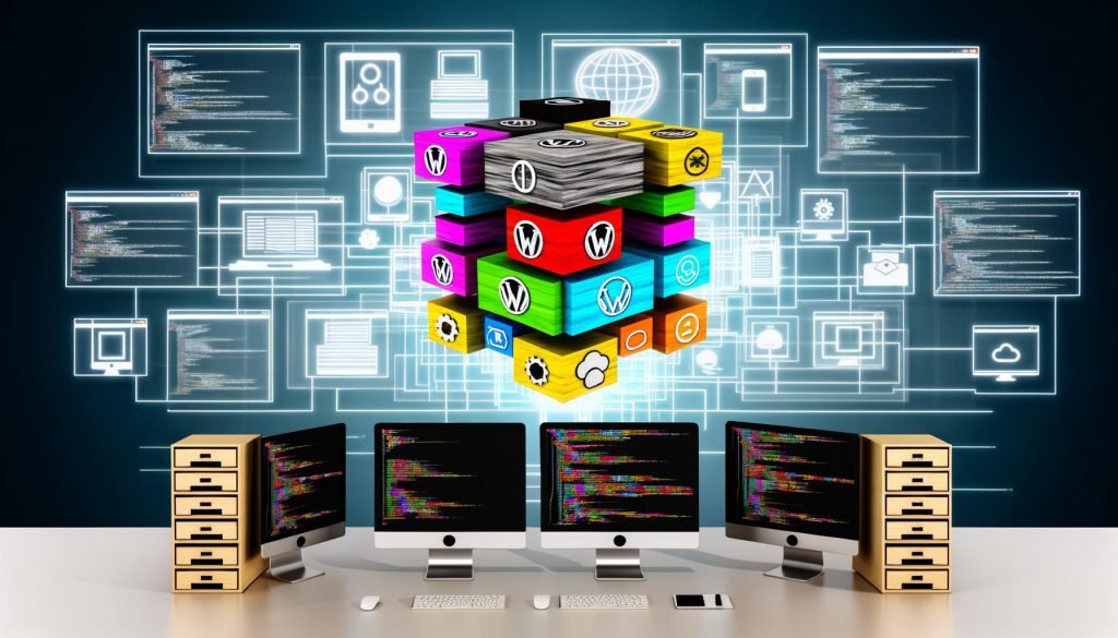 Moderne digitale Arbeitsumgebung mit Monitoren, die ein Architekturdiagramm und CMS-Logos wie WordPress, Drupal, TYPO3, Laravel, Strapi und Contentful zeigen
