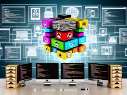 Moderne digitale Arbeitsumgebung mit Monitoren, die ein Architekturdiagramm und CMS-Logos wie WordPress, Drupal, TYPO3, Laravel, Strapi und Contentful zeigen