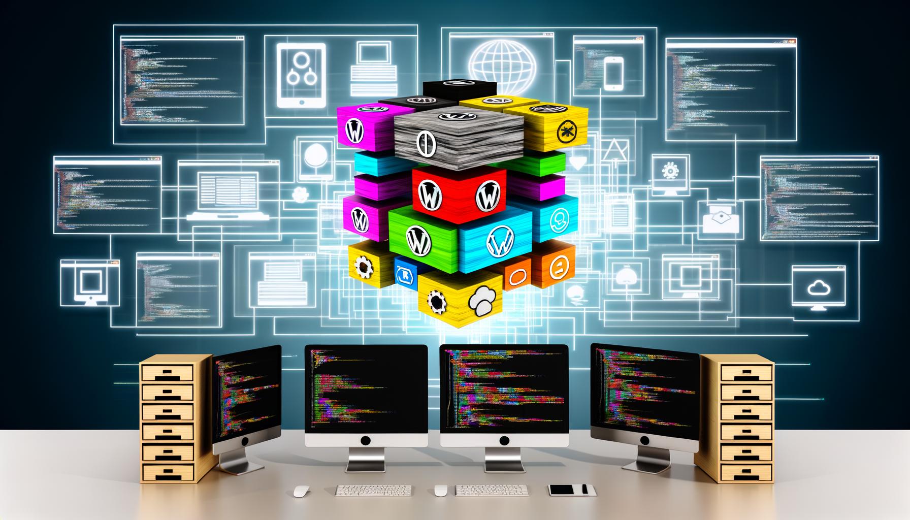 Moderne digitale Arbeitsumgebung mit Monitoren, die ein Architekturdiagramm und CMS-Logos wie WordPress, Drupal, TYPO3, Laravel, Strapi und Contentful zeigen