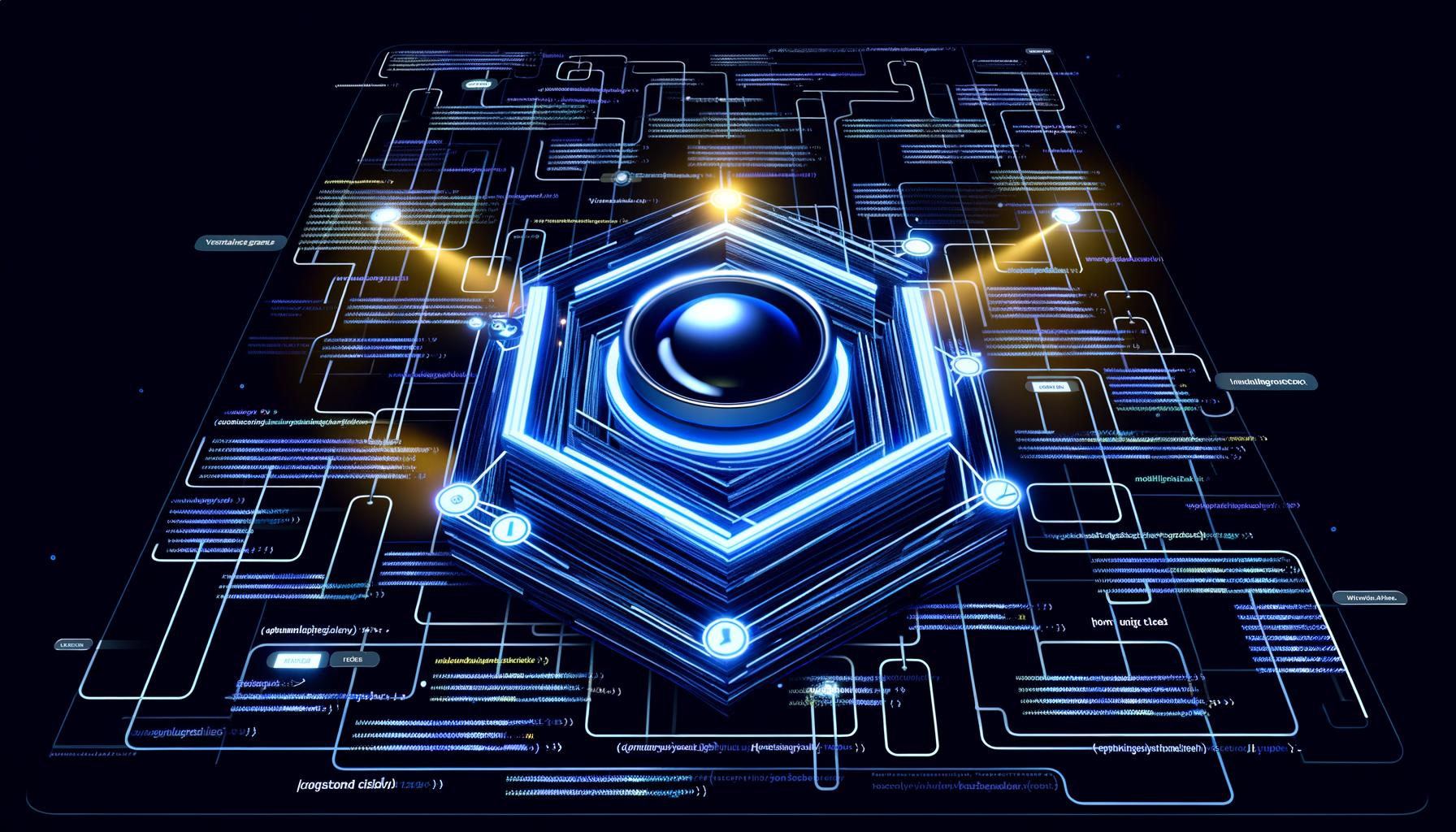 Abstraktes Titelbild mit einer schwebenden modernen Website in Dunkelblau und Grau. Im Zentrum leuchtet eine XML-Sitemap, von der goldene Strahlen zu wichtigen Seiten führen. Suchmaschinenbots erkunden die Sitemap, Headlines wie ‚Sichtbarkeit, Rankings, Reichweite‘ sind präsent.