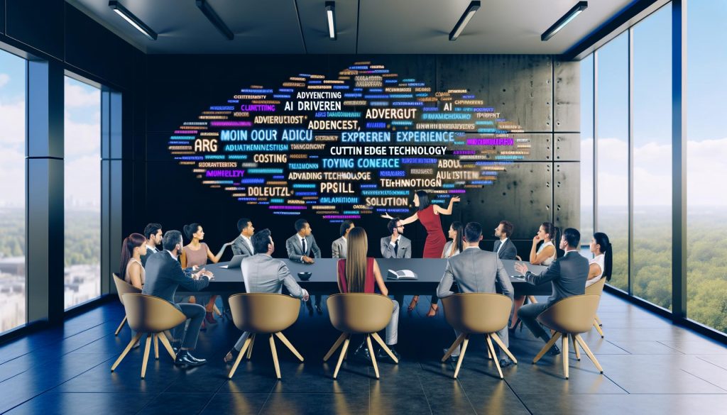 Werbeagentur präsentiert voller Hightech-Jargon vor skeptischen Kunden in modernem Büro