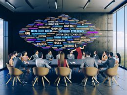 Werbeagentur präsentiert voller Hightech-Jargon vor skeptischen Kunden in modernem Büro